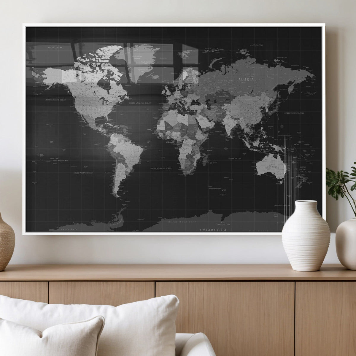 Black World Map Wall Art Canvas Print – Detailed Map of the