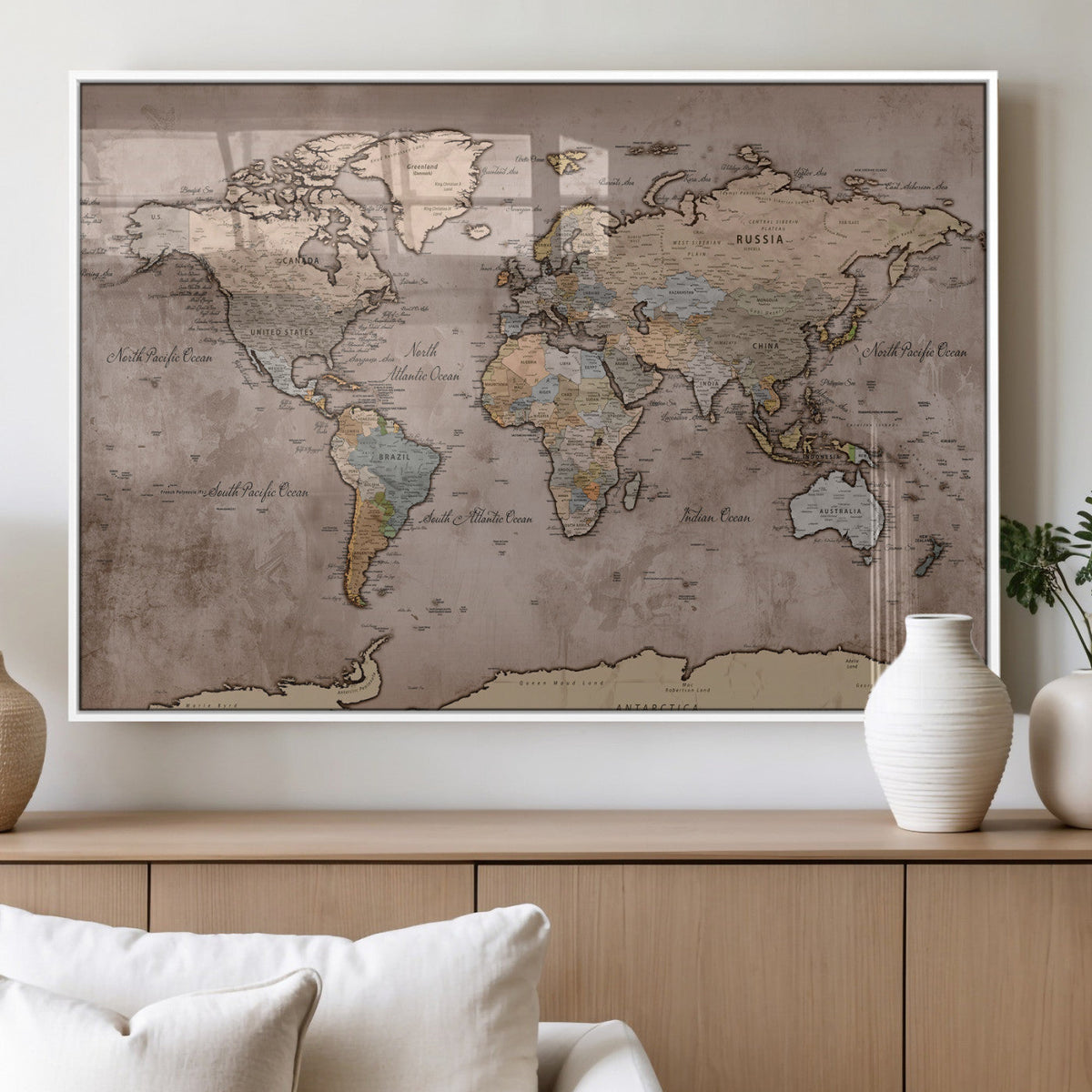 Grunge World Map Canvas Wall Art - Vintage Aged World Map