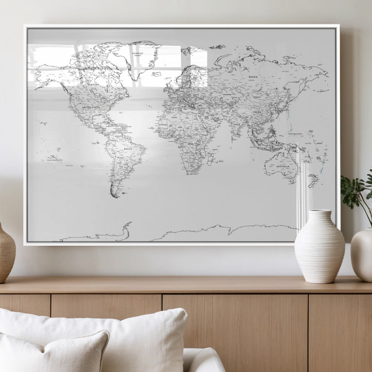 World Map Canvas Print – Framed Modern Detailed Map of the