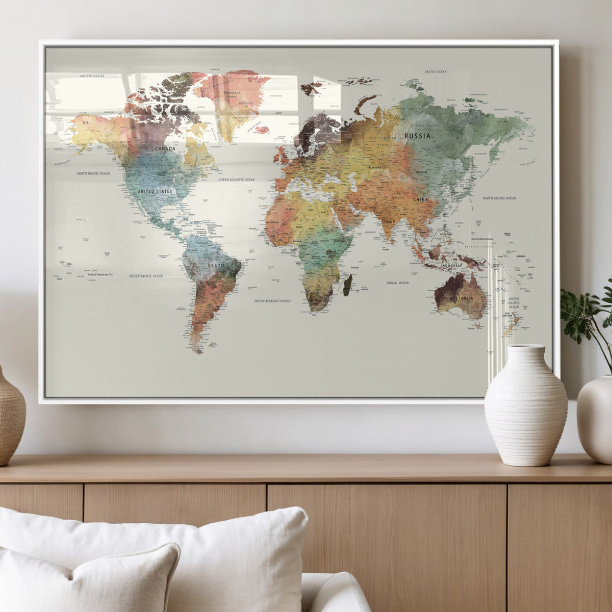 Framed World Map Wall Art Canvas Print for Living Room and