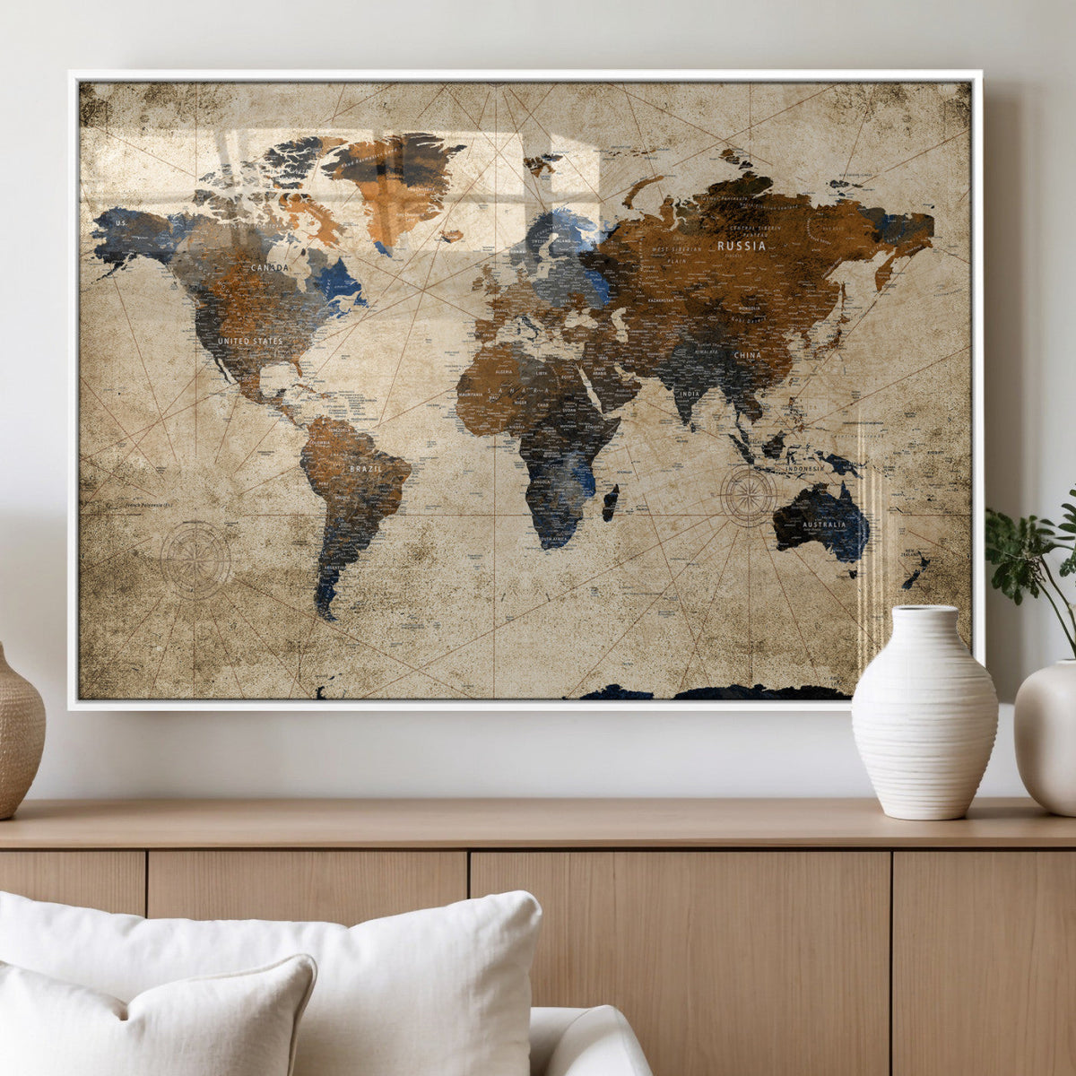 World Map Wall Art Canvas Print, Modern Decorative Framed