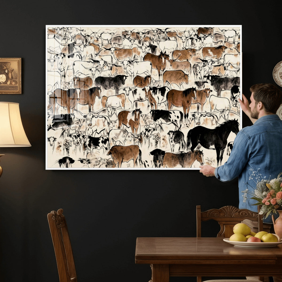 Farmhouse Animals Horse Longhorn Cow Wall Art Canvas Print -