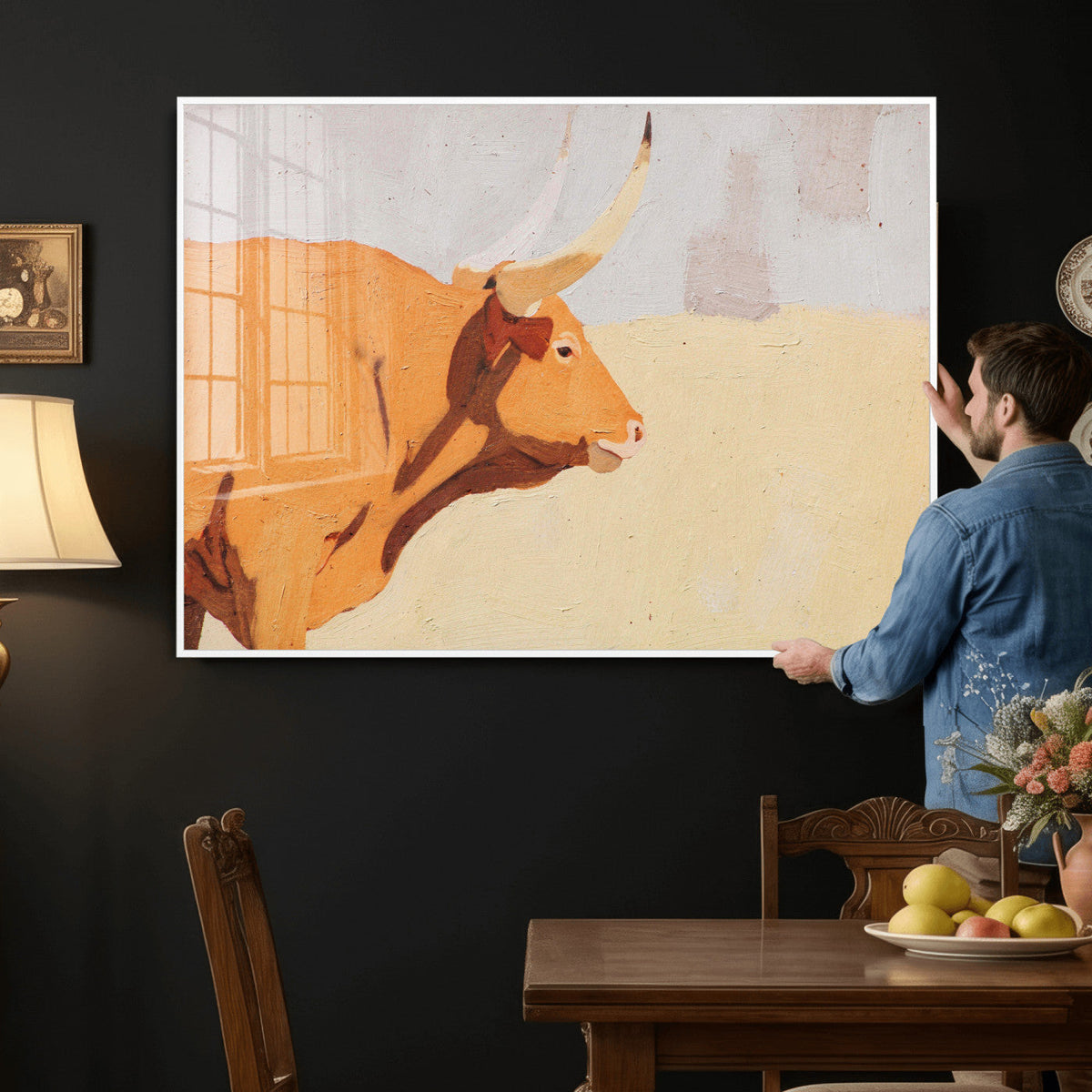 Minimal Longhorn Bull Wall Art Canvas Print, Neutral Western