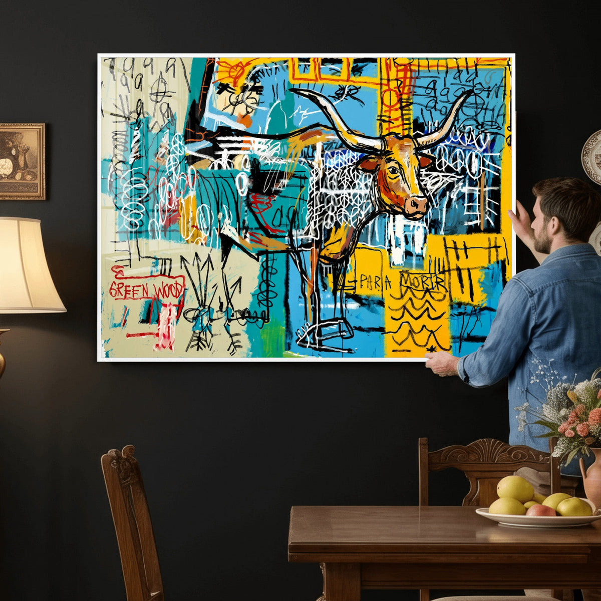Basquiat Style Bird Bull Graffiti Wall Art Canvas Print,