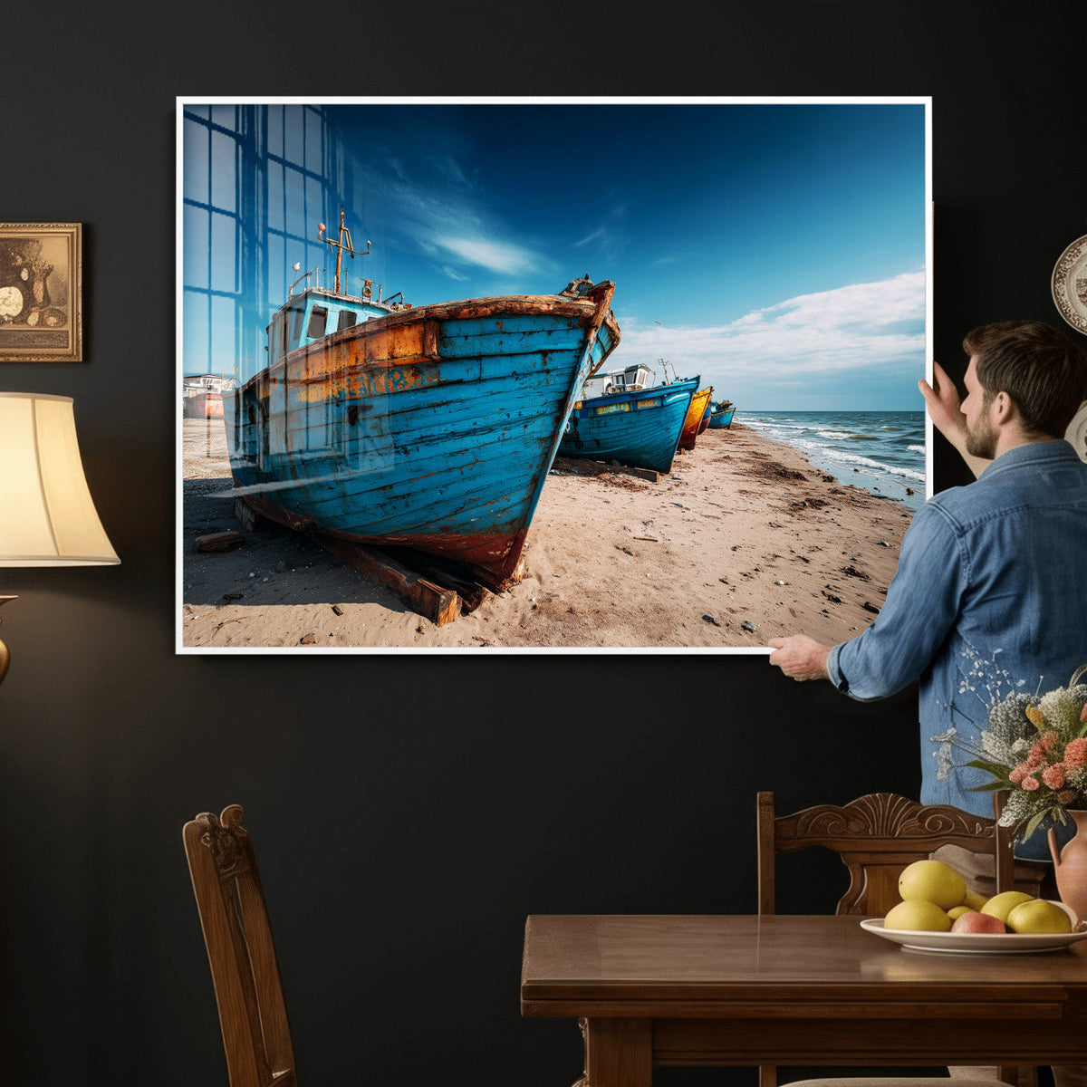 Coastal Fishing Boats Wall Art Canvas Print, Sunset Beach