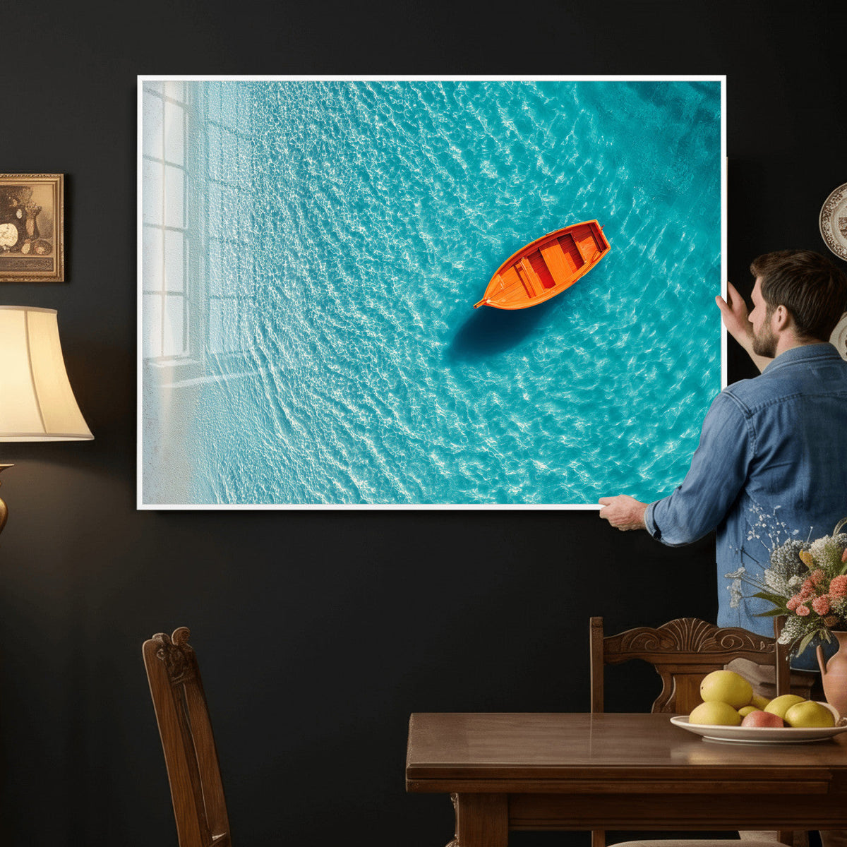 Minimalist Boat Wall Art Canvas Print, Aerial Sea Landscape