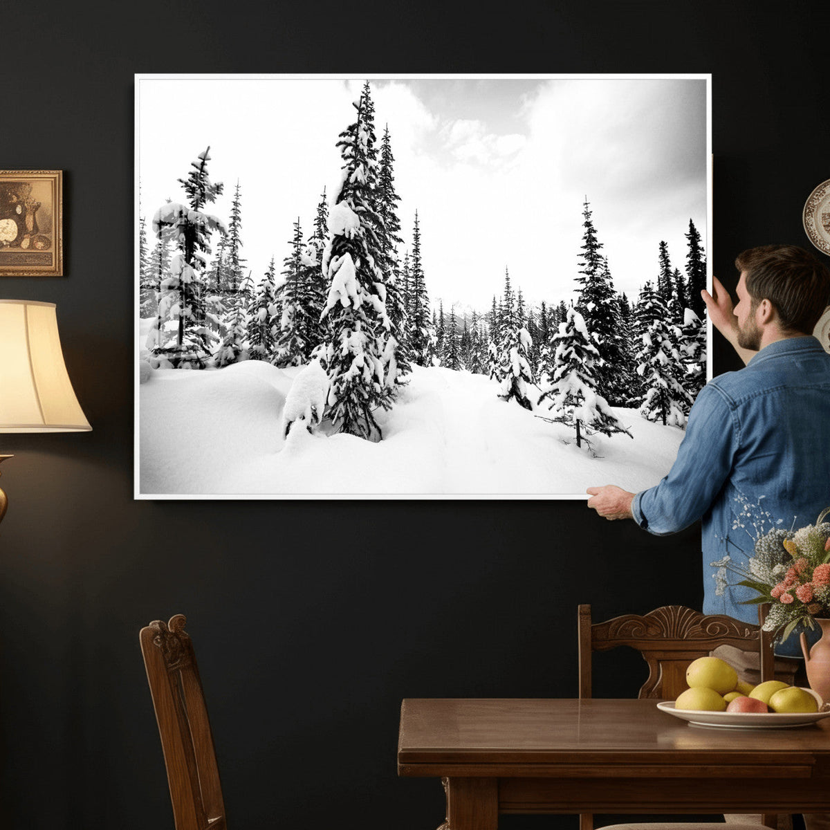 Black and White Snowy Pine Forest Wall Art Canvas Print,