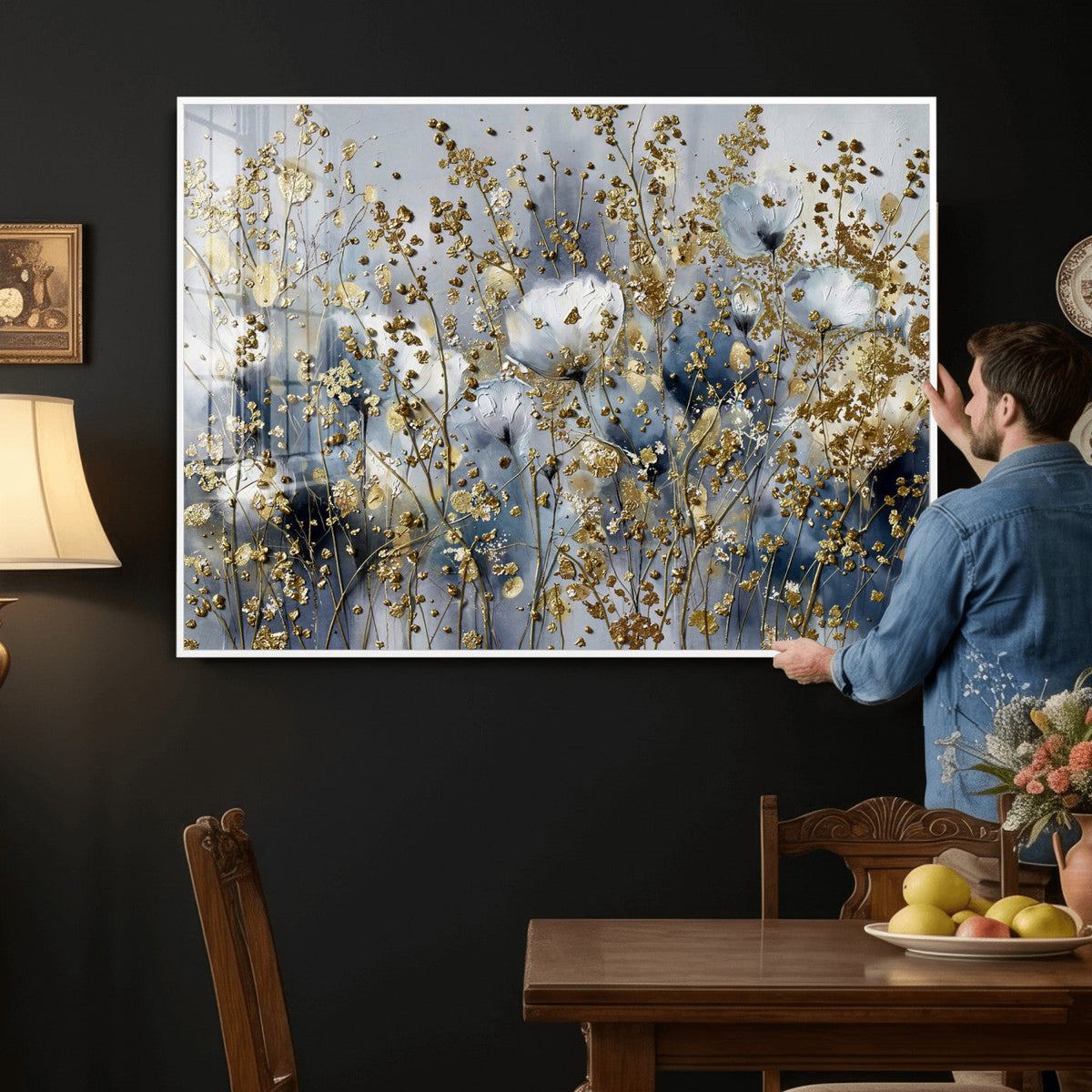 Abstract Floral Wall Art Canvas Print – Gold and Blue