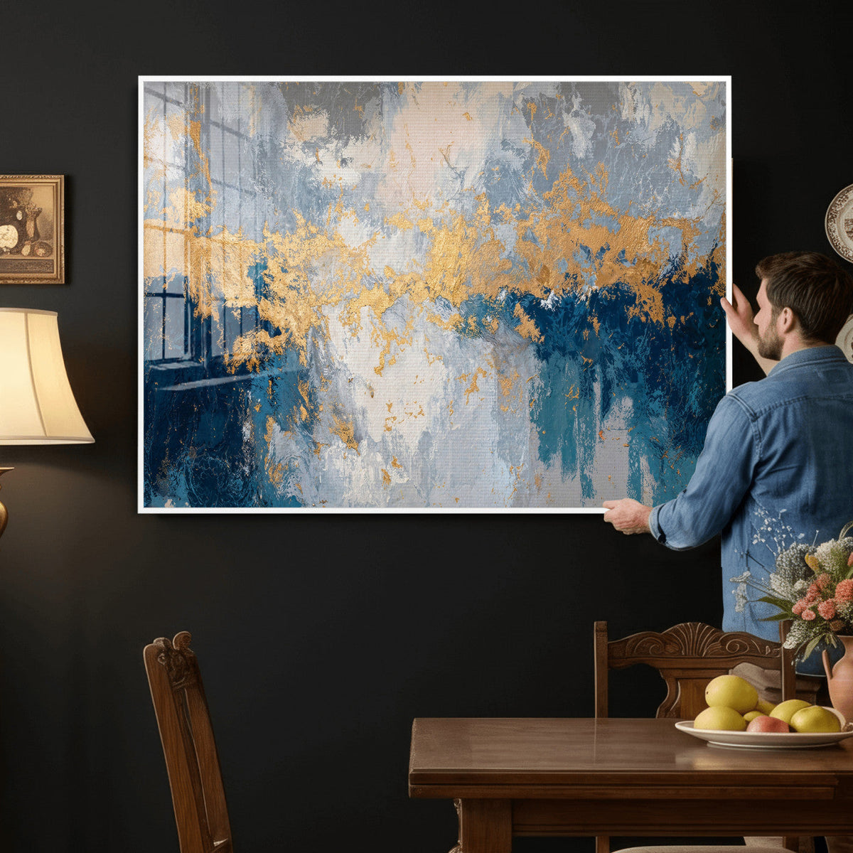 Blue Gold Abstract Large Framed Canvas Wall Art, Modern