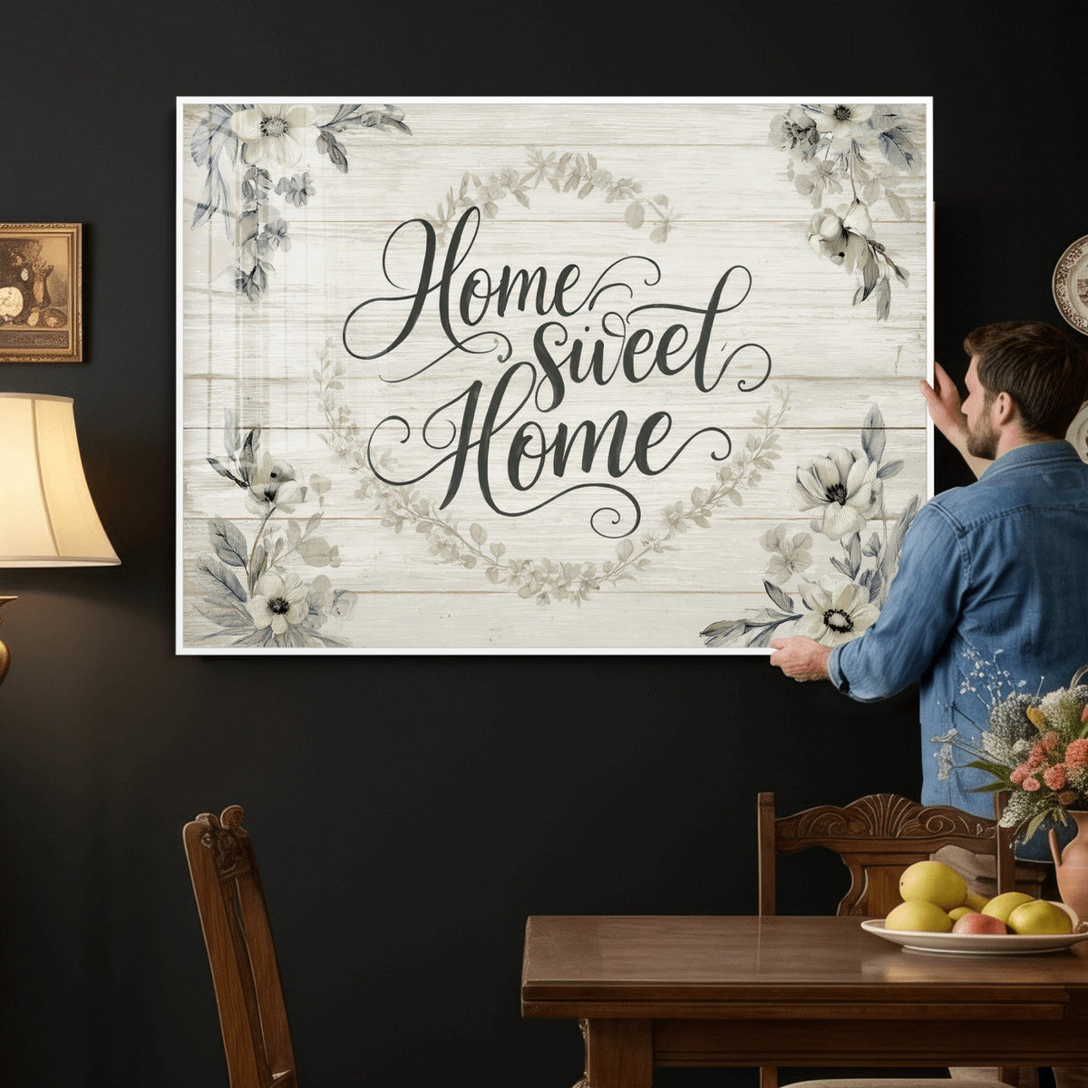 Home Sweet Home Wall Art Canvas Print, Floral Farmhouse