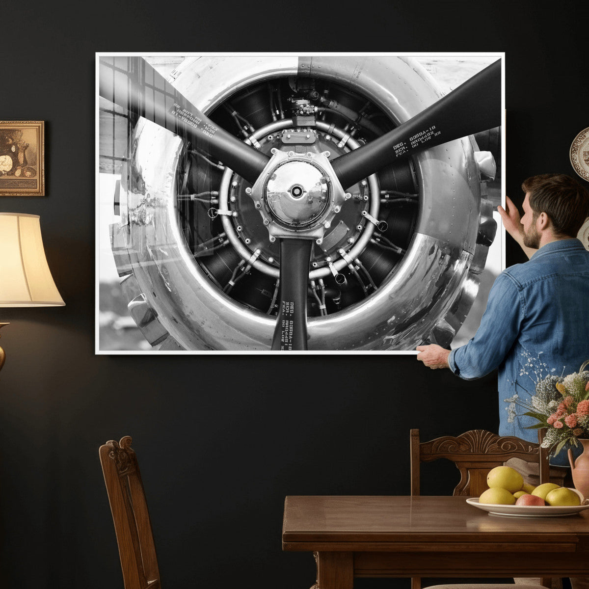 Vintage Propeller Plane Wall Art Canvas Print, Black and
