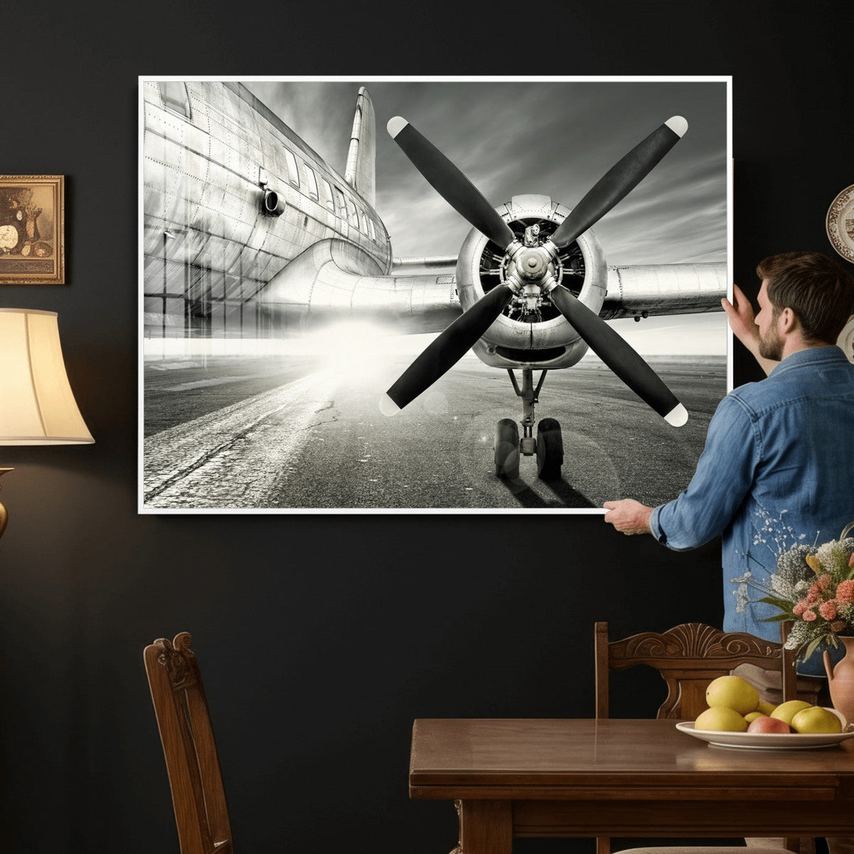 Vintage Airplane Wall Art Canvas Print, Black and White