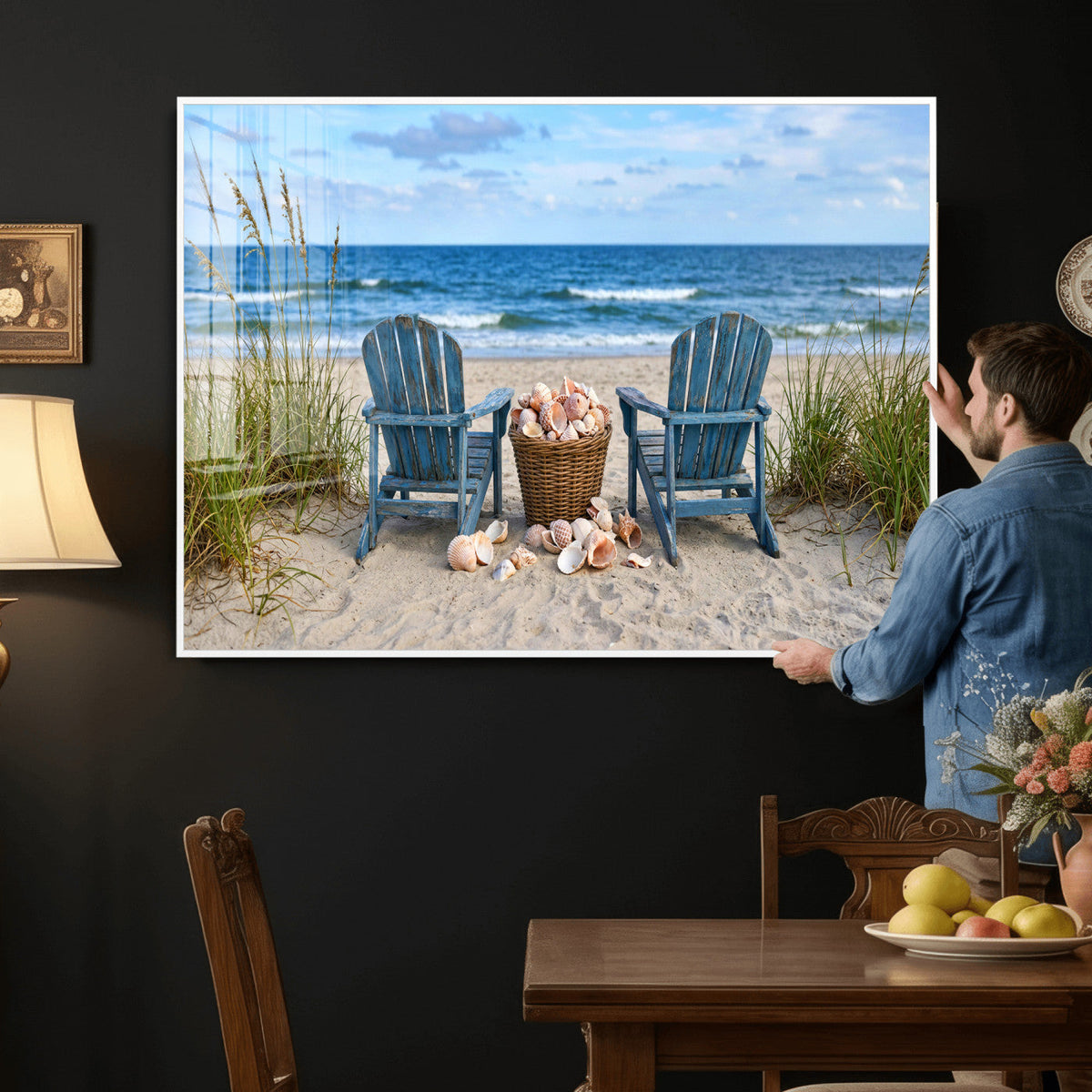 Large Beach Canvas Wall Art Coastal Adirondack Chairs Ocean