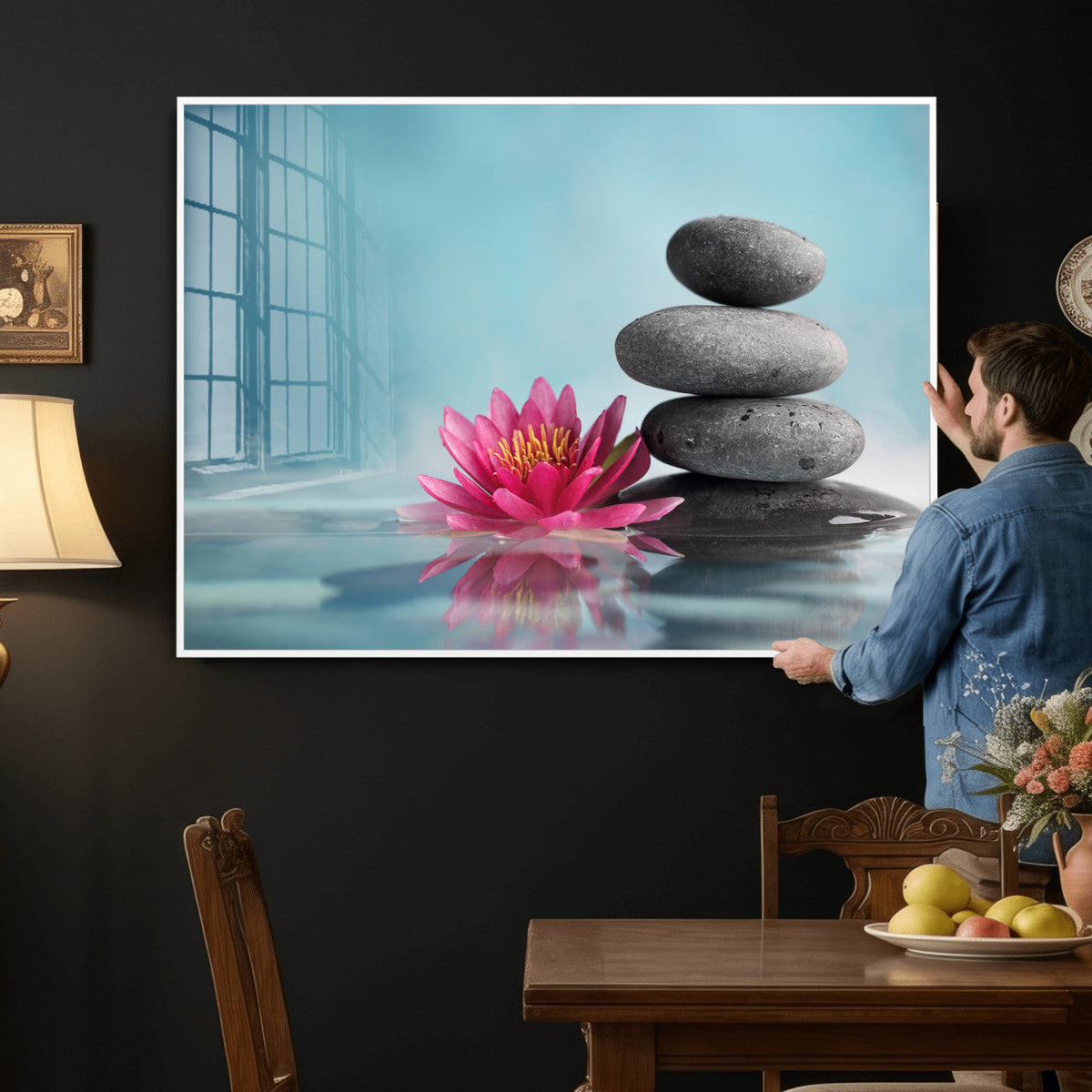 Zen Canvas Wall Art Lotus Flower Stacked Stones Teal Spa