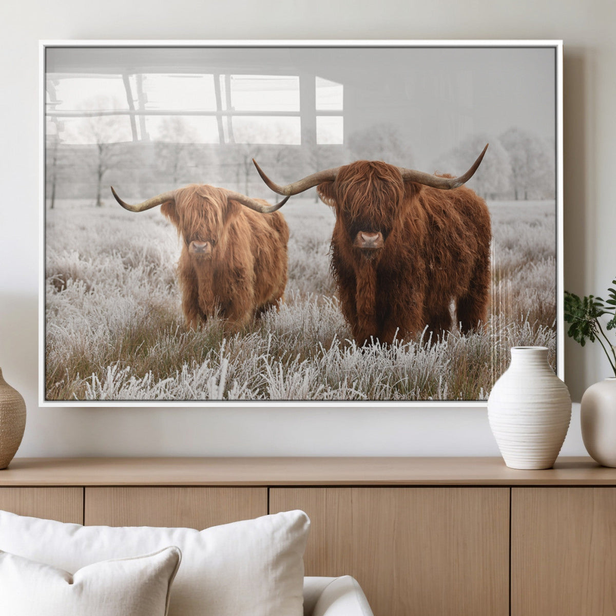 Longhorn Cattle Wall Art Canvas Print, Framed Farmhouse