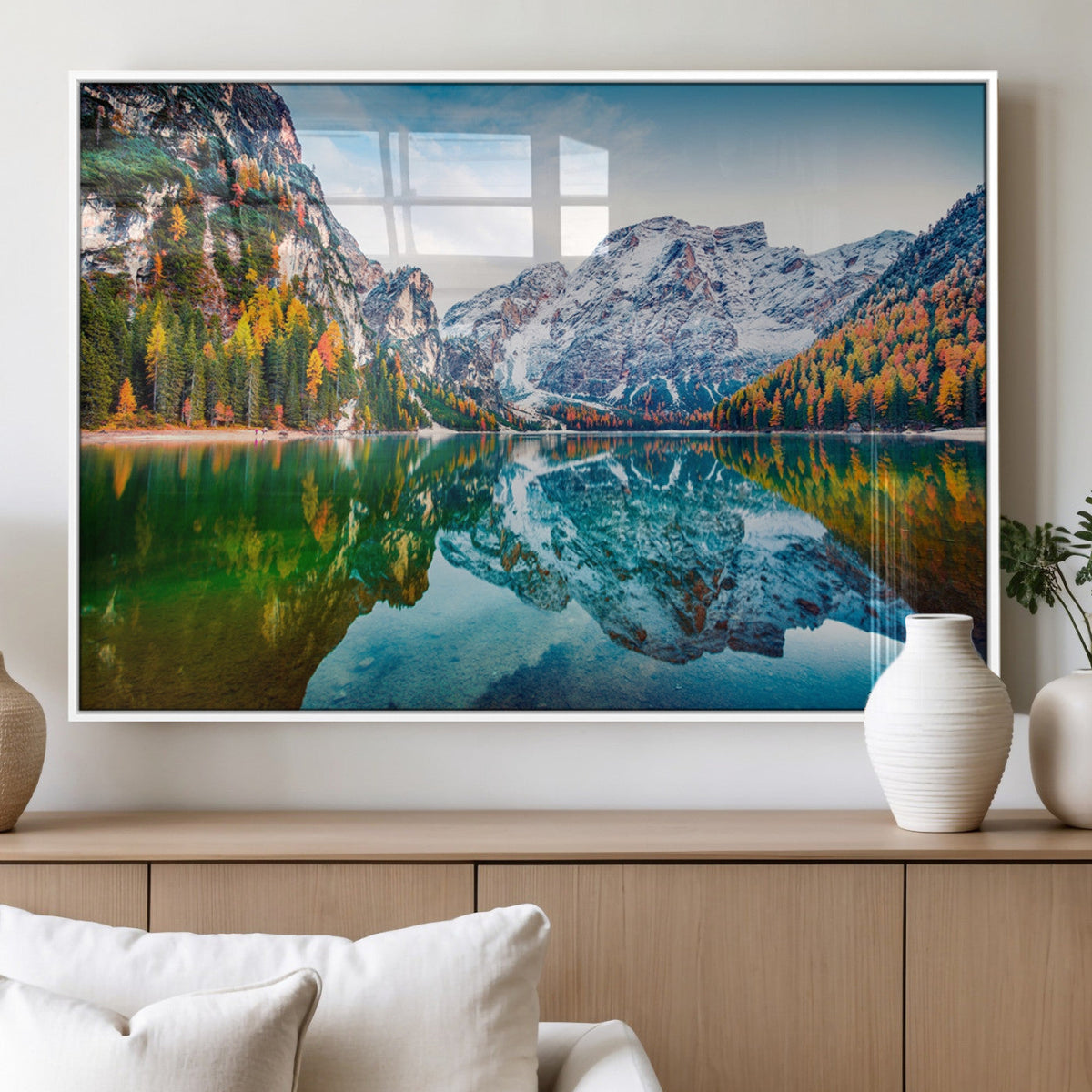 Spectacular autumn view of Braies Lake Wall Art Canvas Print