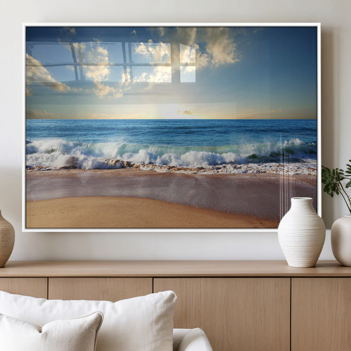 Serene Ocean Sunset Canvas Wall Art - Beach Waves at Sunset,