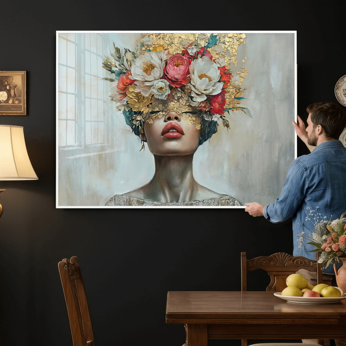 Golden Petal Wall Art Canvas Print - Silhouette Woman Wall