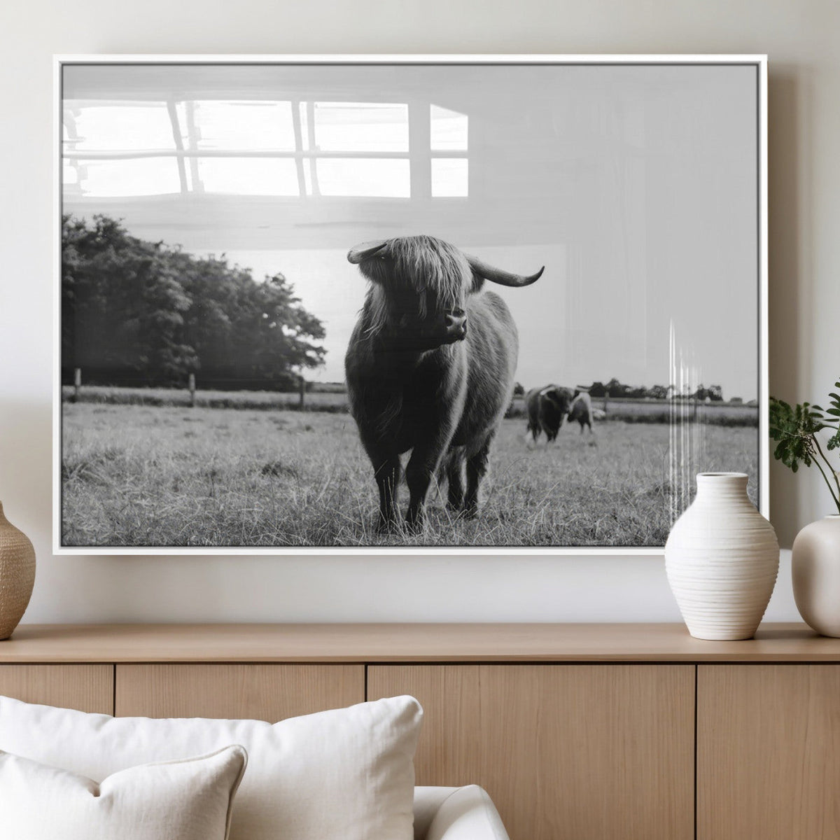 Black and White Highland Cow Wall Art Canvas Print | Rustic