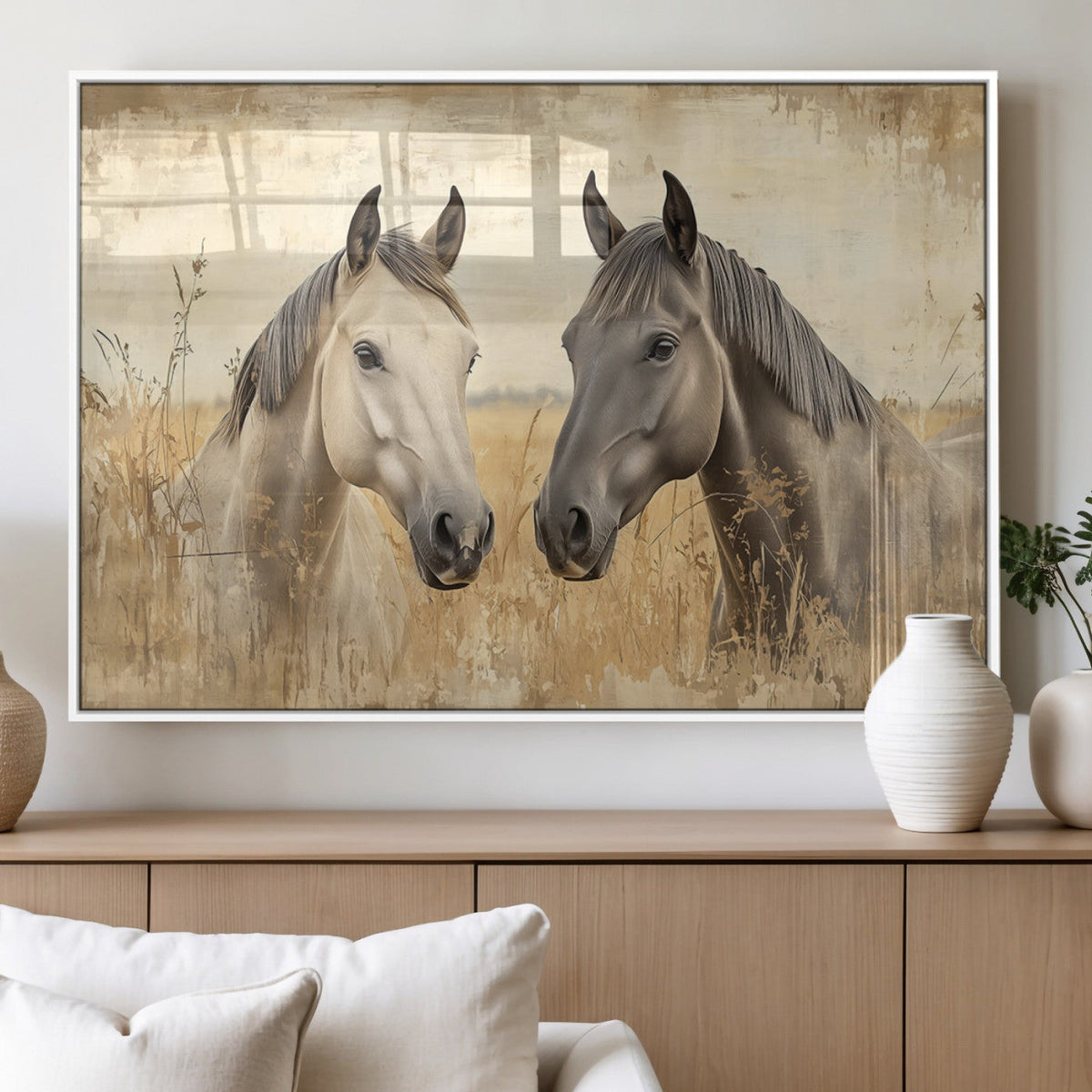 Chines Ink Style Grunge Horses Wall Art Canvas Print