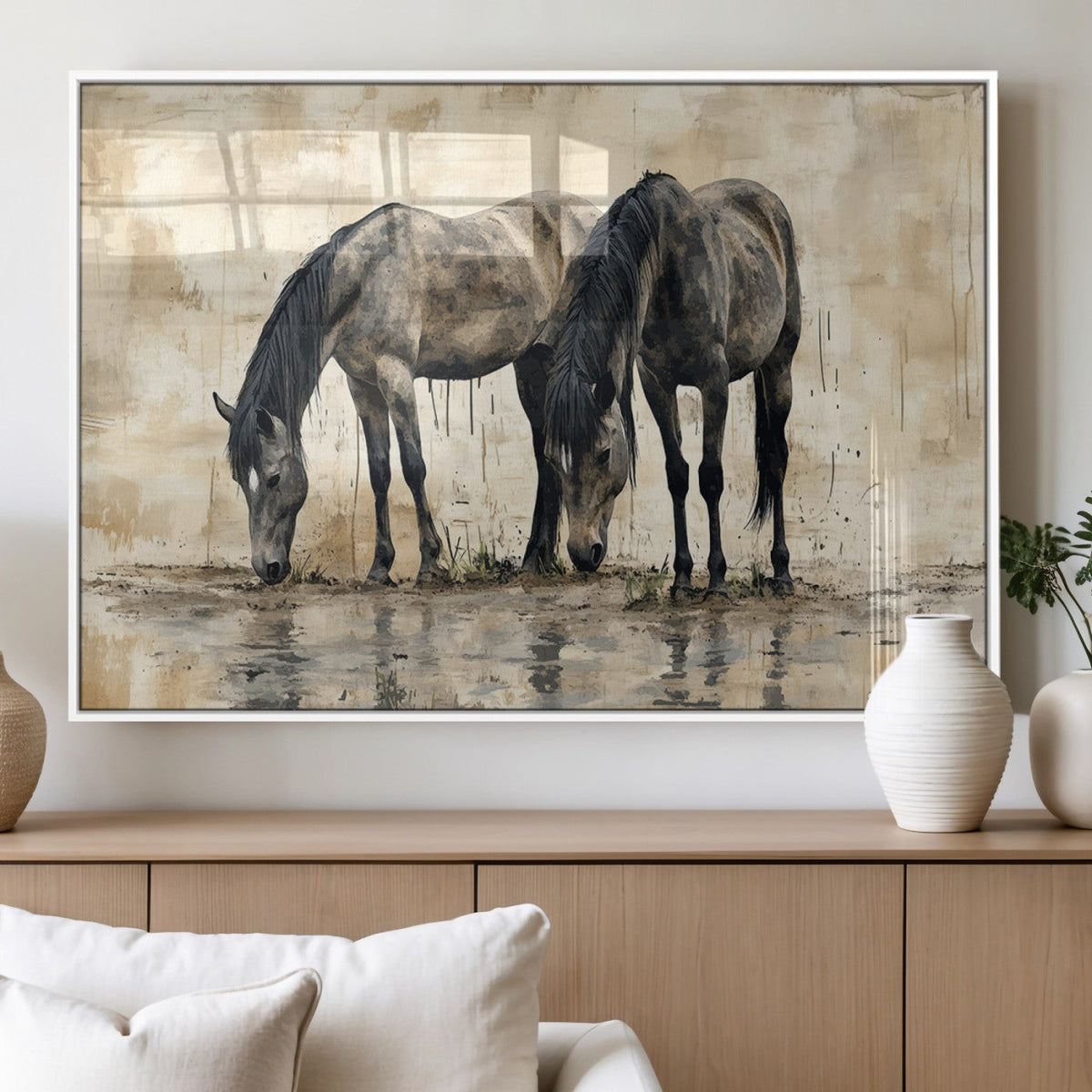 Chinese Style Abstract Black Horses Wall Art Canvas Print -