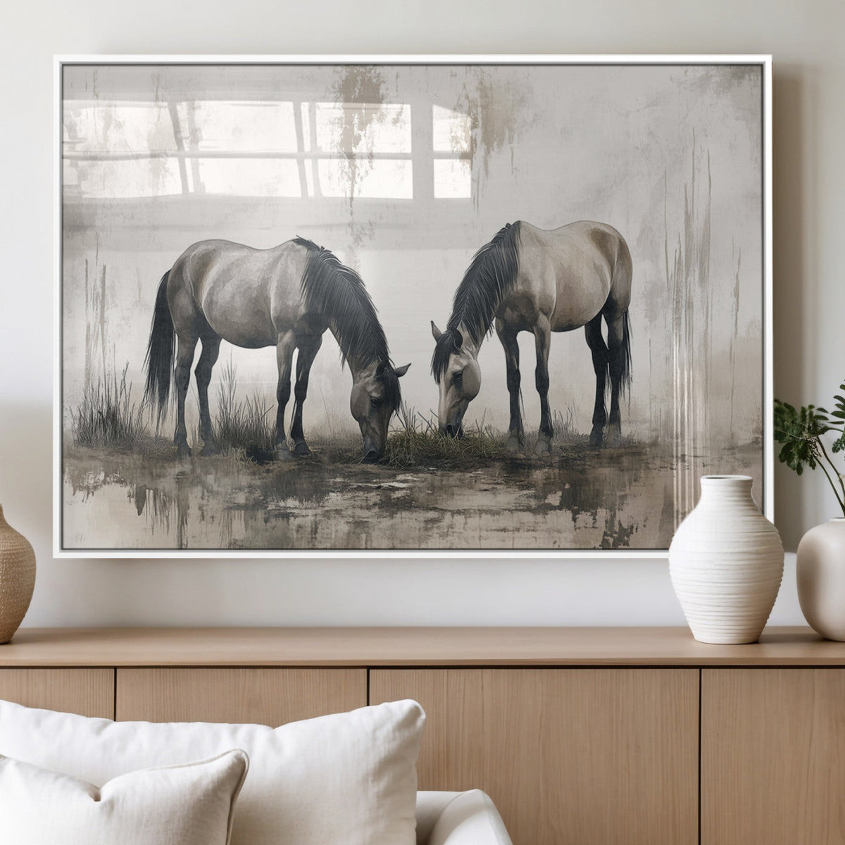 Chines Ink Style Vintage Horses Wall Art Canvas Print for