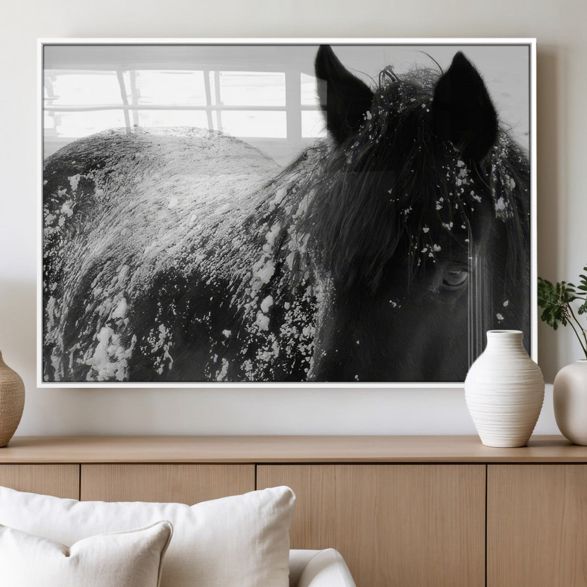 Black Horse in Snow Canvas Print | Winter Horse Wall Art |