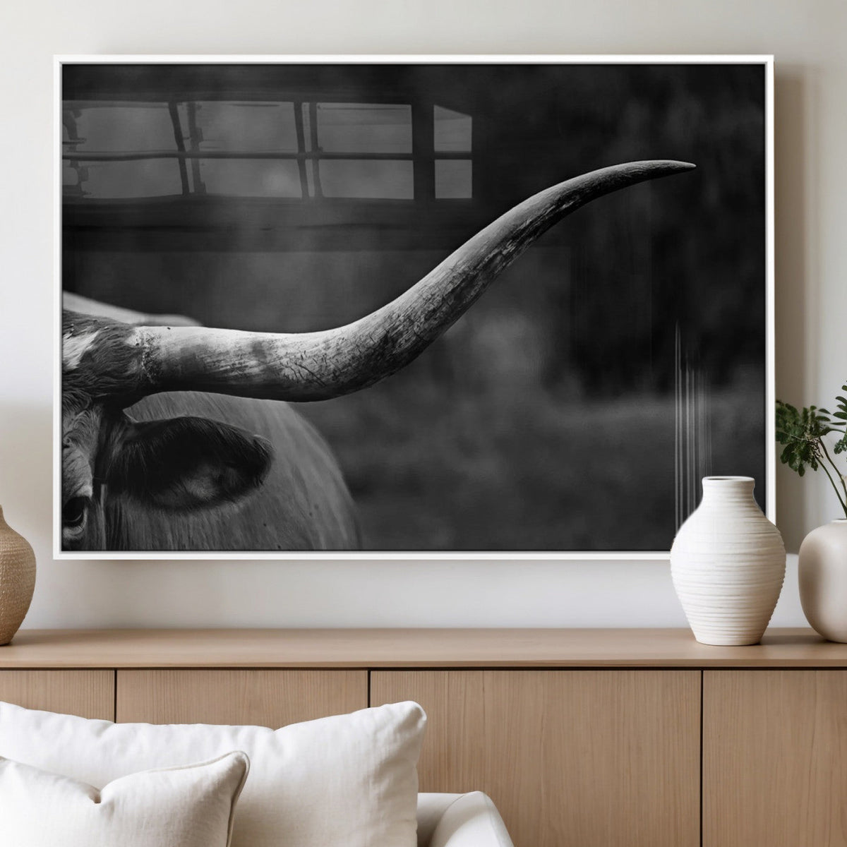Cow Longhorn Wall Art | Black and White Print | Ready to