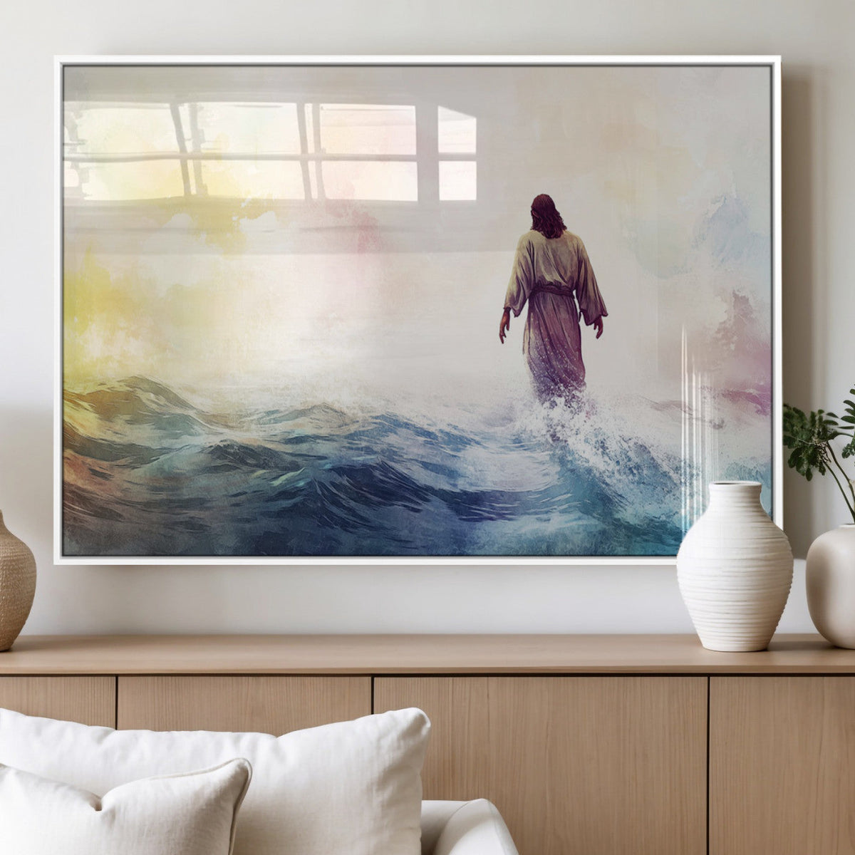 Watercolor Jesus Walking on Water Canvas Print, Christian