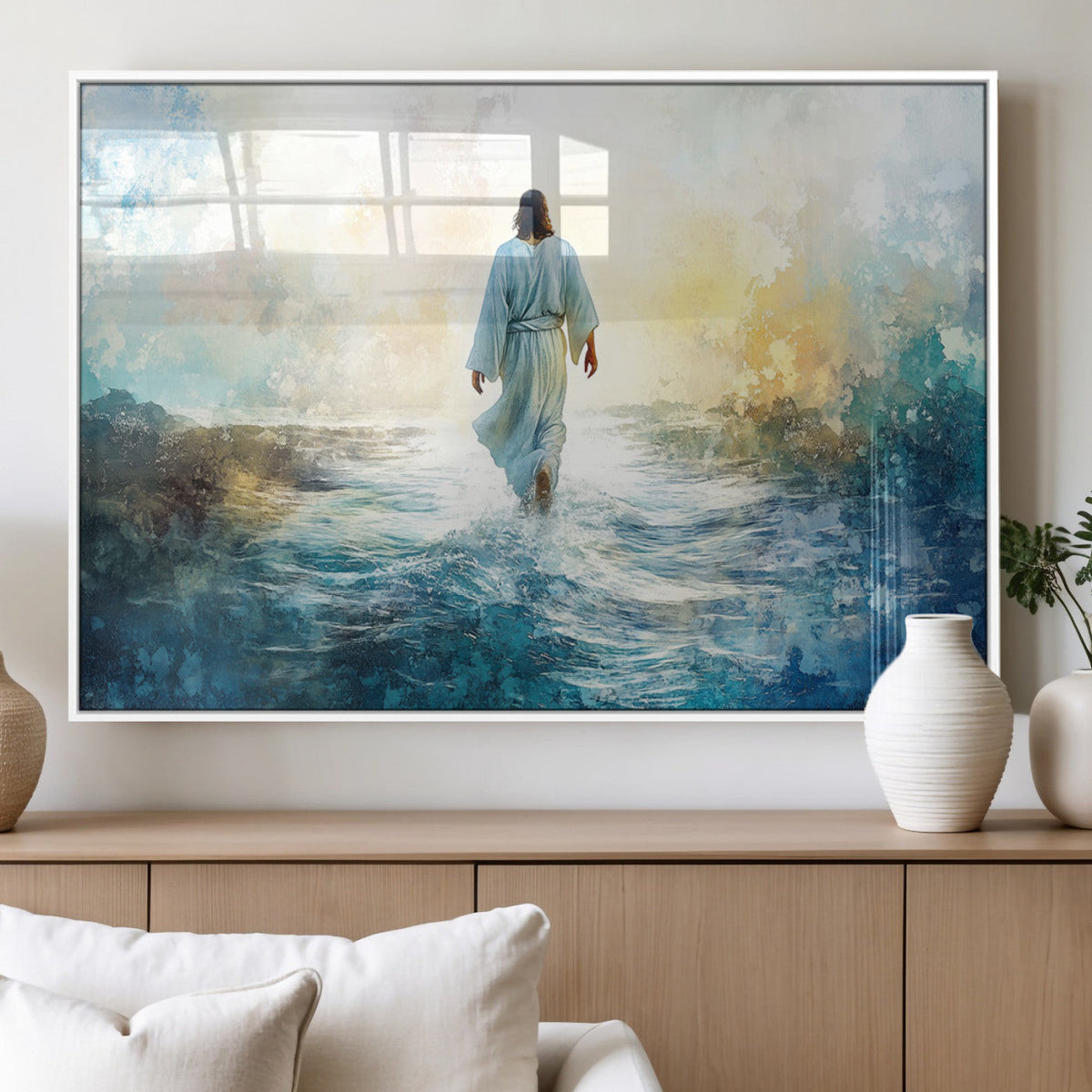Watercolor Jesus Walking on Water Canvas Print, Christian
