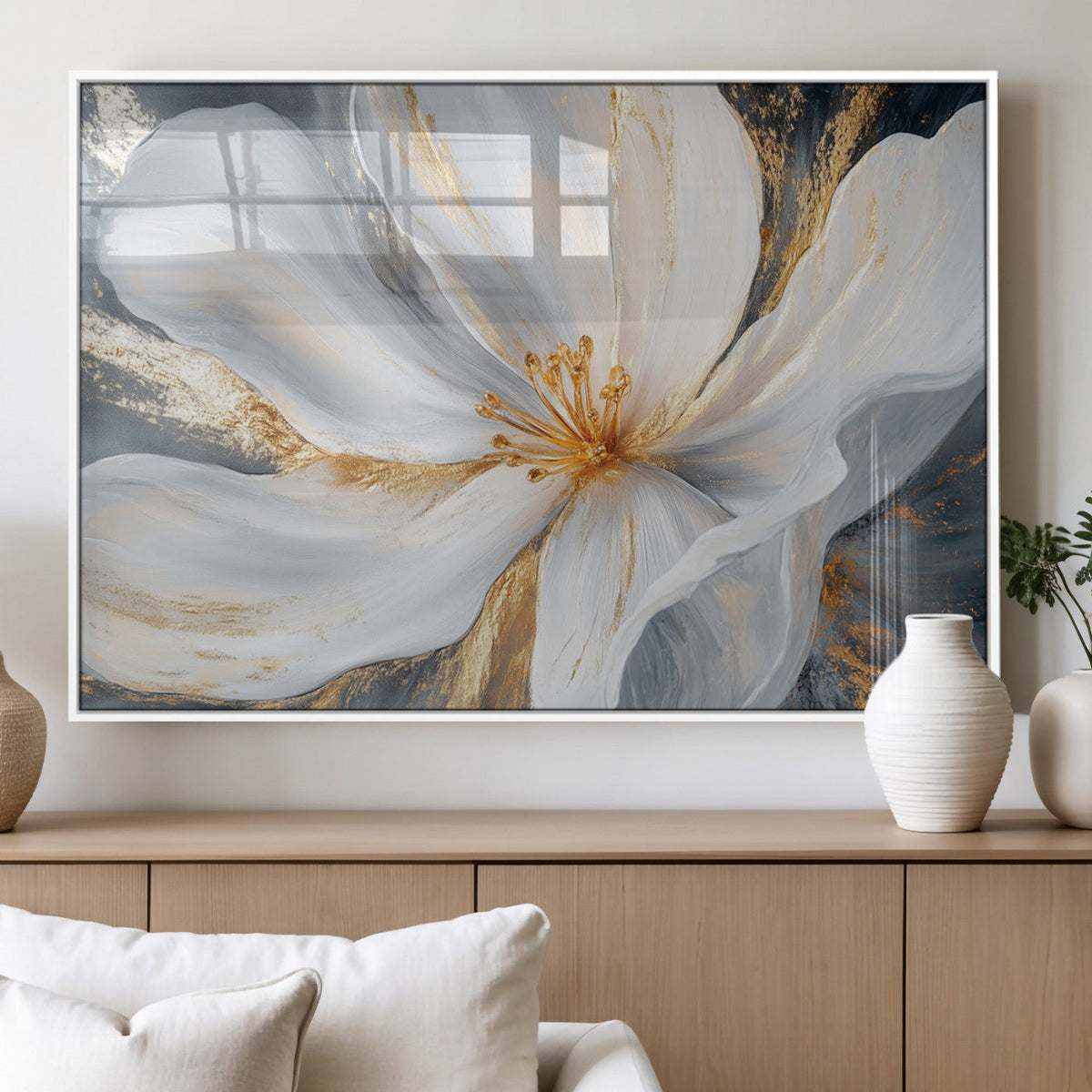 White and Gold Floral Canvas Wall Art - Framed and Ready to