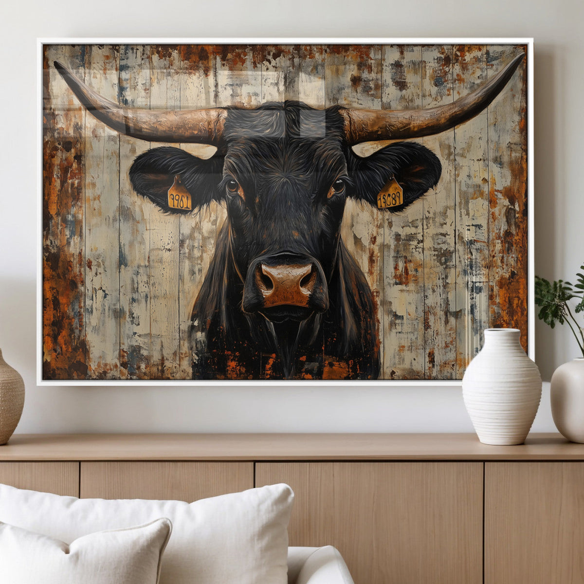 Rustic Texas Artwork Wall Art Canvas Print - Abstract Cow