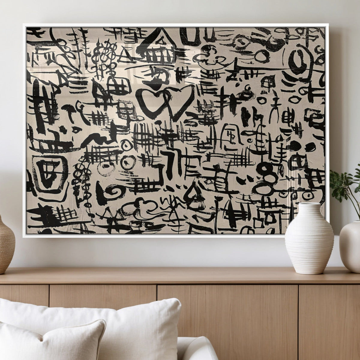 Abstract Love and Chaos Canvas Print, Black Symbols on Beige