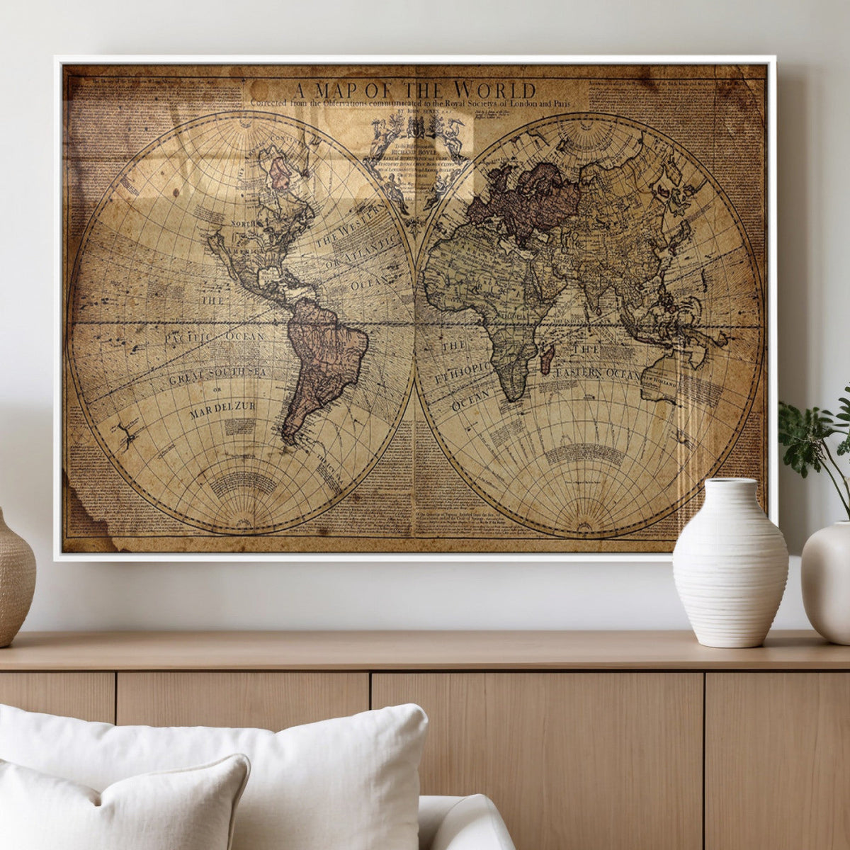 Vintage World Map Wall Art Canvas – Antique Style Push Pin