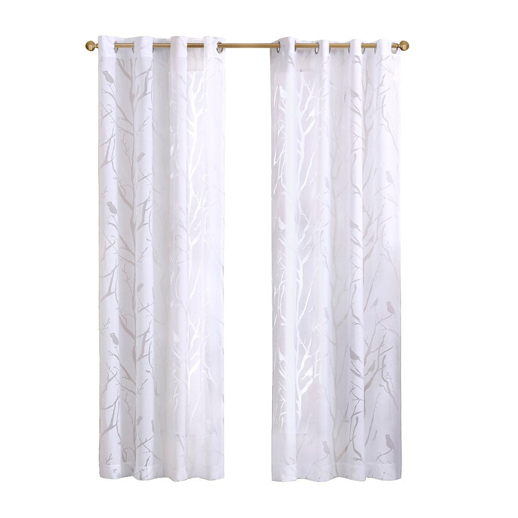 Sheer Bird on Branches Grommet Curtain Panel with Burnout Design - White