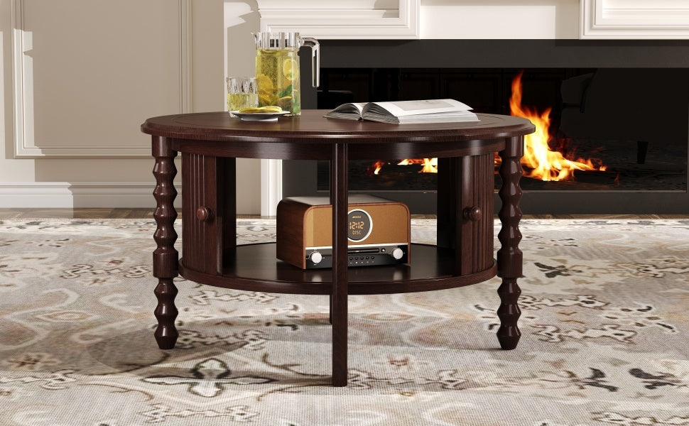 Vintage Round Coffee Table with Storage in Walnut