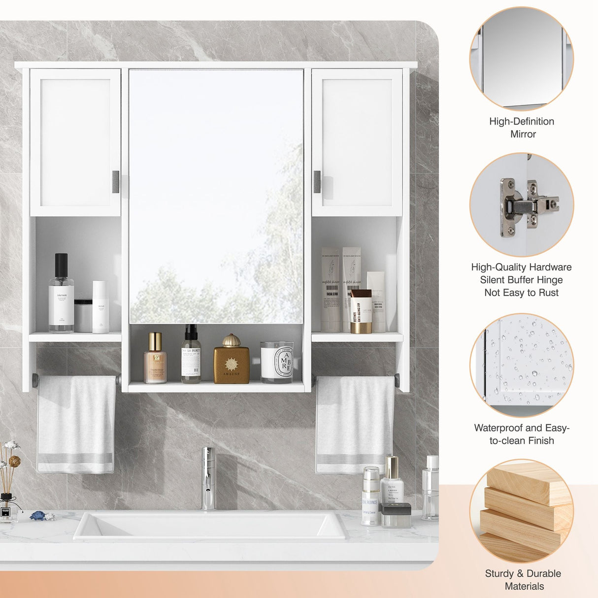 Wall Mounted Bathroom Storage Cabinet With Mirror, Medicine Cabinet With Towel Bar