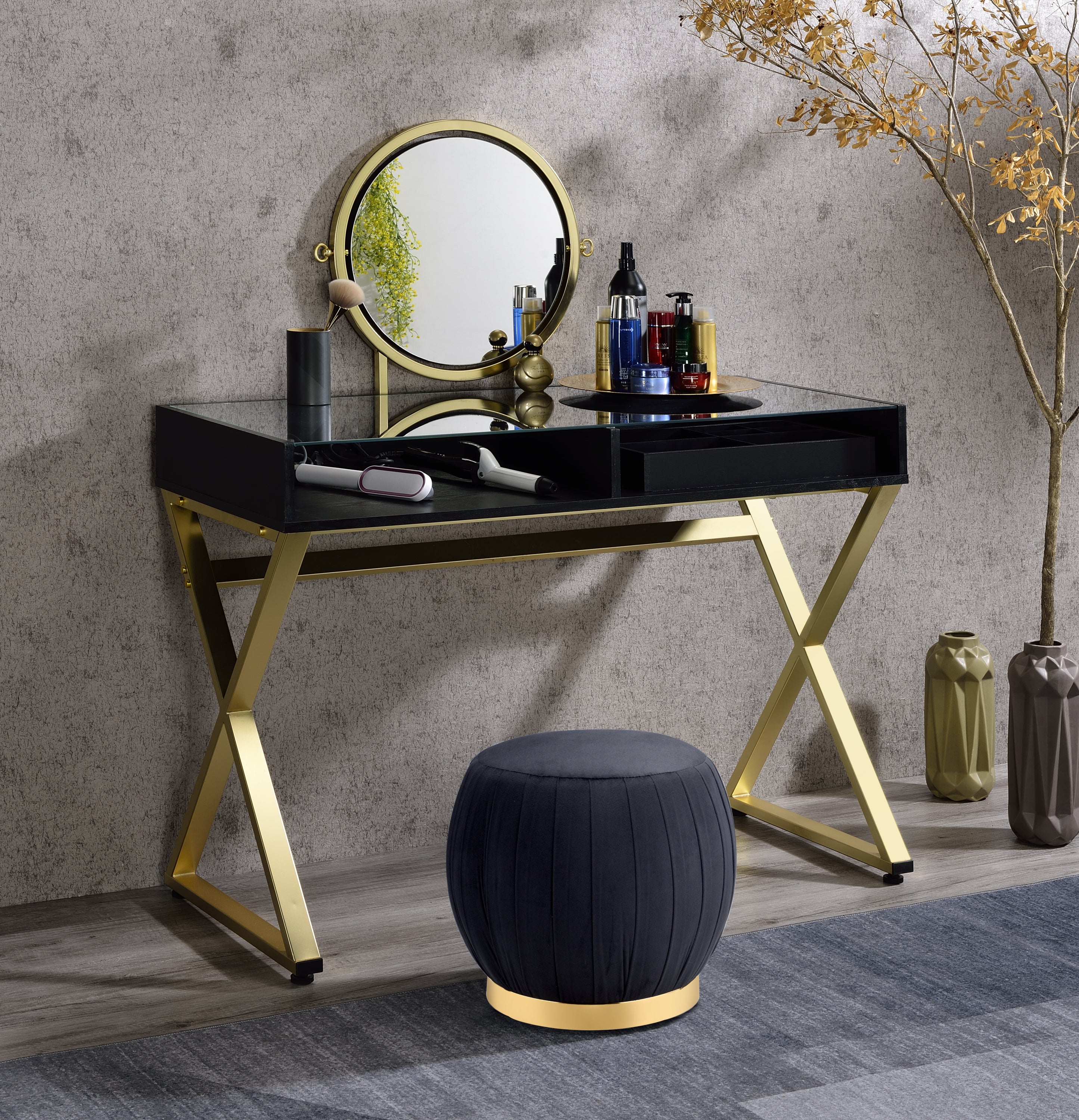 ACME-Coleen-Vanity-Desk-w/Mirror-&-Jewelry-Tray-in-Black-&-Gold-Finish-AC00669-Dressers