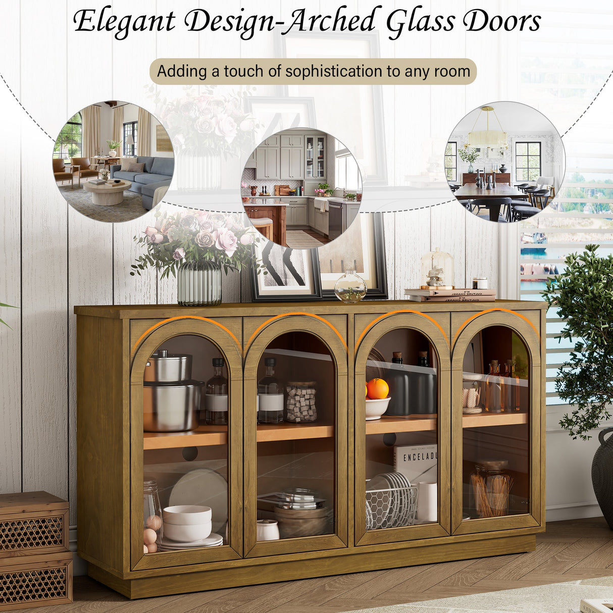 Arched Storage Cabinet with Glass Doors