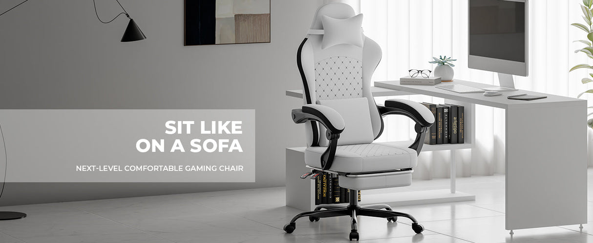 Gaming Chair with Massage, Ergonomic Design, White/Black