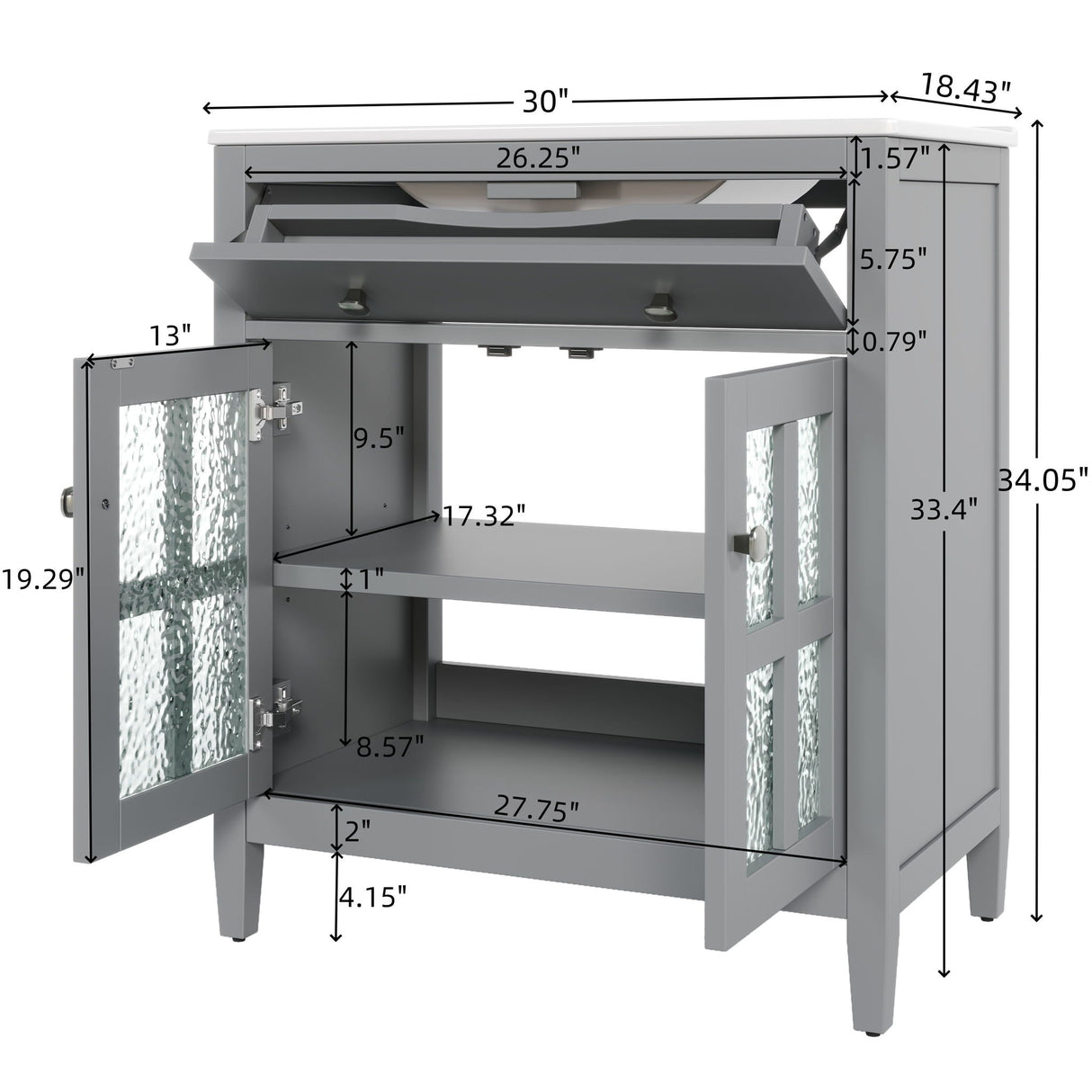 Bathroom Vanity With Ceramic Sink, Adjustable Shelf & Tip Out Tray