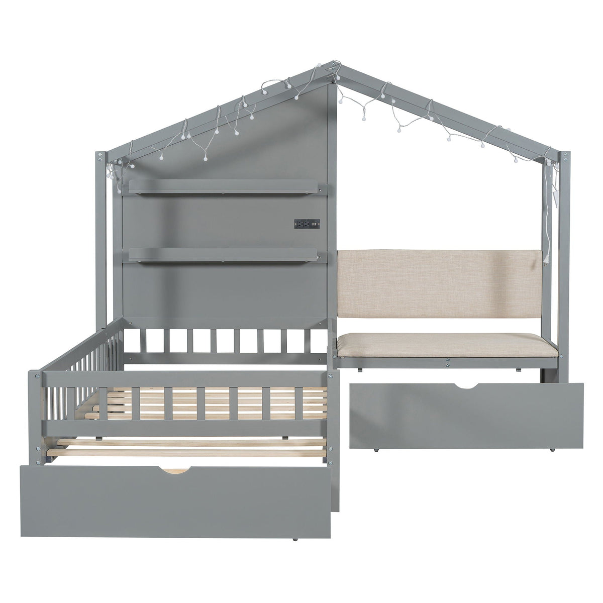 House Bed With Upholstered Sofa, Wireless Charging Station, Shelves And 2 Drawers