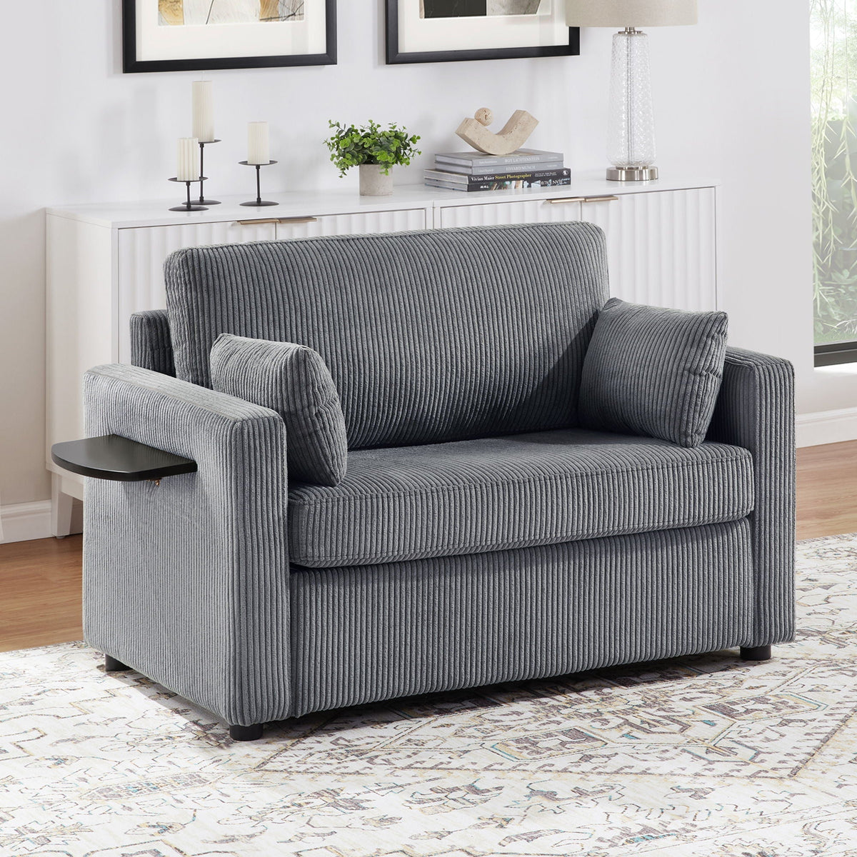Sleeper Sofa With Foldable Mattress, USB Ports, Side Table & Storage Pocket