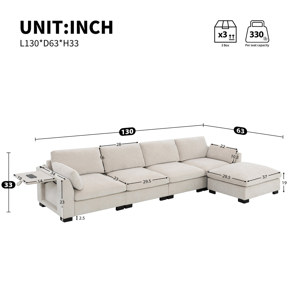130" Modular Sectional Sofa
