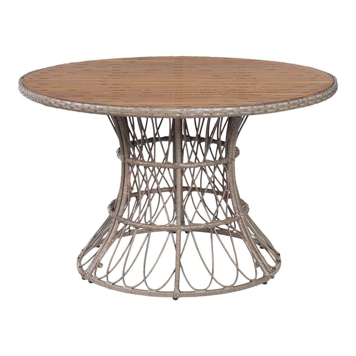 5-Piece Outdoor Dining Set: Brown Round Acacia Wood Table & 4 Brown Wicker Armchairs