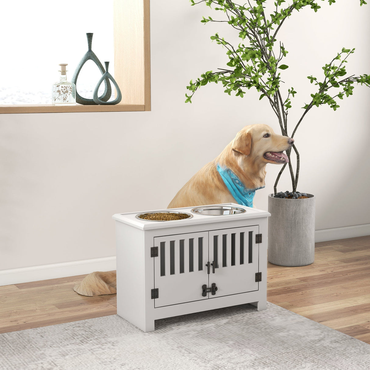 PawHut Large Elevated Dog Bowls with Storage Cabinet