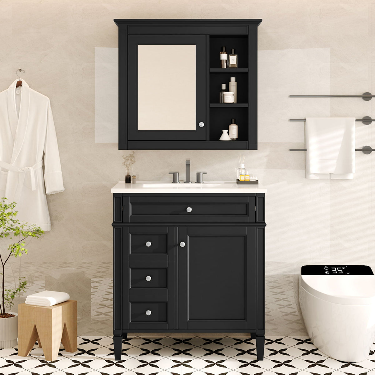 Bathroom Vanity With Medicine Cabinet, Royal Mirror Cabinet, Modern Bathroom Storage Cabinet With 2 Soft Closing Doors And 4 Drawers