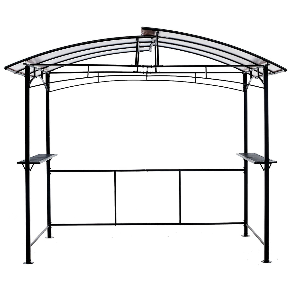 Black 8 by 5 foot grill gazebo with a steel hardtop and side shelves