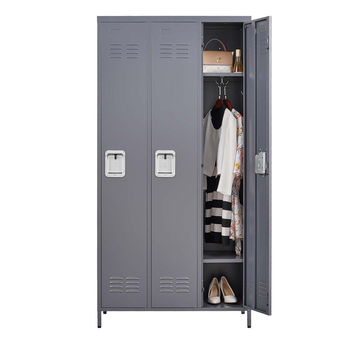 3 Door Lockers With Lock For Home, Gym, Office, School, And Garage - Gray