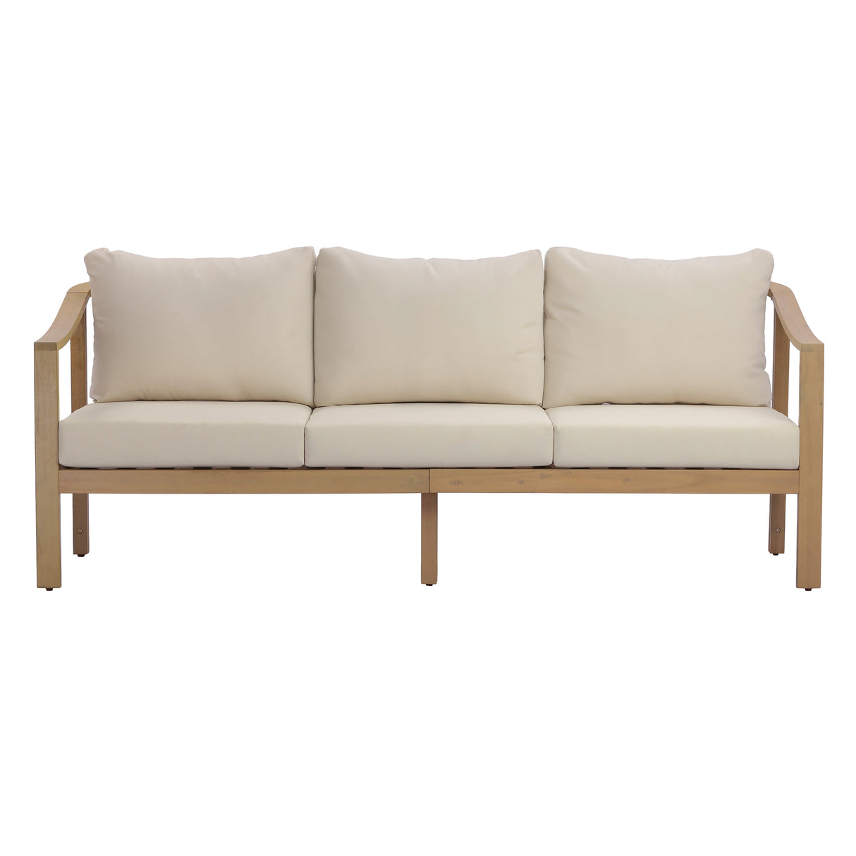 77.95" Outdoor Acacia Wood 3-Seater Sofa with Beige Cushions